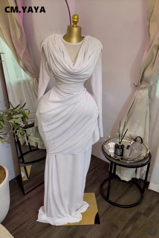 Women O-neck Pile Collar Long Sleeve Ruched Maxi Long Dress Spring Sexy Cocktail Birthday Holiday Party Dresses