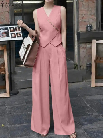 Women Pant Sets Irregular Buttons Vests Wide Leg Trouser Pant Suits Stylish Elegant 2pcs Outfit Streetwear Office Tops