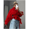 Solid Tie Waist Cinching Suede Jackets Women Chic Stand Up Collar Loose Crop Short Coats Lady Autumn Commute Daily Outfit