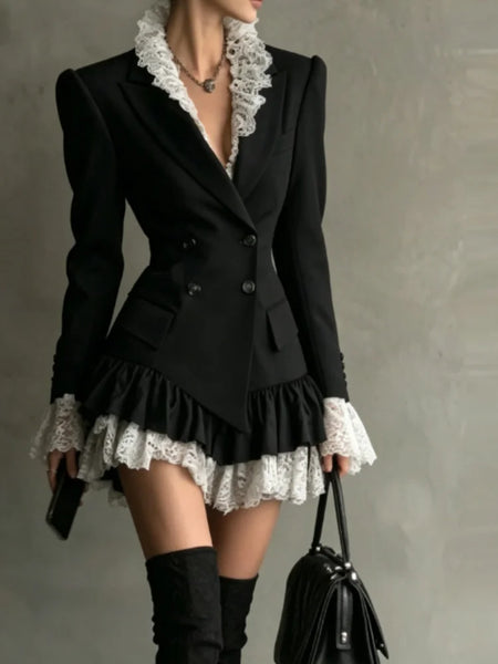 Women Black Double Breasted Blazer Dress Lace Ruffle Collar Cuffs Hem Peplum Slim Coat For Cocktail Party Elegant Evening Wear