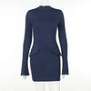 Dark Blue Two Pocket Sexy Mini Dress For Women Autumn Winter Long Sleeve Bodycon Club Party Dress Elegant