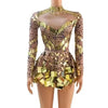 Women Sparkly Sequins Mirror Long Sleeve Mesh Sexy Mini Dress Night Party Club Dancer Performance Celebrity Stage Outfit