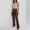 1PC Brown Faux PU Leather Pleated High Waist Stacked Pants Women Slim Hipster Street Style Long Trousers Female 2#