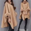S-5XL Winter Warm Cloak Horn Buckle Woolen Poncho Capes Women Faux Rabbit Fur Dolman Sleeves Loose Long Cappa Coat
