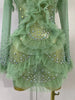 Sexy Mesh Ruffled Sparkly Rhinestones Long Sleeves See Through Mini Dress Women Eveing Party Birthday Dance Nightclub Stage Wear