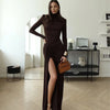 Elegant Turtleneck Curvy Brown Dress Women's Sexy Long Sleeve Shoulder Pad Party Evening Tight Elastic Dresses Winter Black