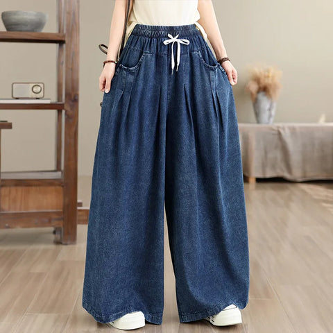Vintage Denim Wide-leg Pants for Women Spring High-waist Loose Oversize Casual Comfortable Long Pants