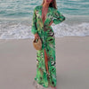 Animal Print Wrap Maxi Dress V Neck Sleeve Twist Waist High Slit Long Gowns Women's Resort Vacation Party Robes
