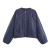 Women O Neck Long Sleeve Embroidery Jacket Front Zipper Loose Crop Outerwear Lady Commuting Casual Outfits