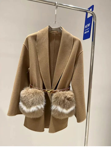 Women Winter Cashmere Wool Woolen Jacket Real Natural Fox Fur Pocket Coat Ladies Outwear Jacket