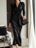 Satin Long Sleeve V Neck Wrap Tie Waist Elegant Midi Dress for Women Evening Party Cocktail
