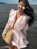 Women's Pink Floral Print Puff Sleeve Dress With Waistband Deep V-neck Chic Satin Ruffled Hem Mini Dress Elegant Sexy Robes