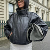 Black Jacket Women's Coat Faux Leather Jacket Outerwears Demi-Season Bomber Moto Biker Zipper Jacket High Neck Short Coat
