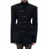 Women Black Blazer Stand Collar Metal Buckle V-Neck Hollow Waist Slim Fit Party Long Suit Jacket