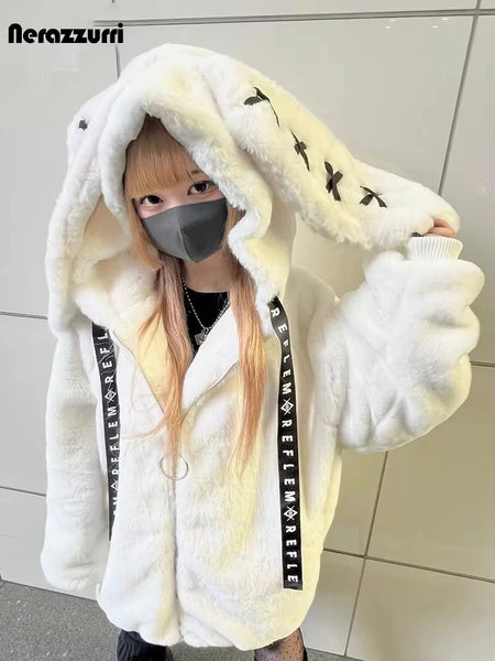 Winter Sweet Cute Kawaii Soft Thick Warm White Faux Fur Coat Women with Bunny Ears Cute Fluffy Jacket Hoodie