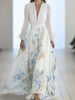 Women Elegant Print Dress Long Sleeve Deep V Neck High Waist Loose Dresses Robe Femme Holiday Party Womens Clothing