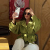 Streetwear Green Belted Jacket Stand Collar Puff Sleeve Cropped Coat Y2k Cool Girl Spring Autumn Casual Outerwear