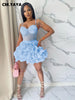 Women Mesh Diamonds Rhinestones Cake Style Big Swing Strap Bodycon Midi Dress Sexy Party Even Dresses Vestidos