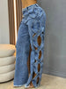 Women Streetwear Cutout Hollow Out Criss Cross Side Wide Leg Blue Denim Pants Sexy Party Jeans Trousers