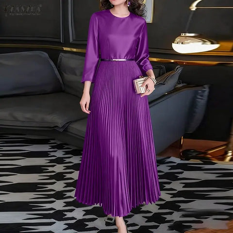 Womens Elegant Satin Silk Party Dresses O-Neck 3/4 Sleeve A-Line Long Pleated Dress Solid Color Guest Evening Robe Femme