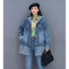 Retro Denim Hooded Coats for Women Blue Single Breasted Mid-length Loose Autumn Jackets