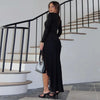 V-Neck Long Sleeve Slim Side Slit Mesh Patchwork Long Dress Women'S Solid Sexy Elegant Clothes Party Club Autumn Outfit