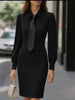 Autumn temperament solid colour waist tie long-sleeved dress women