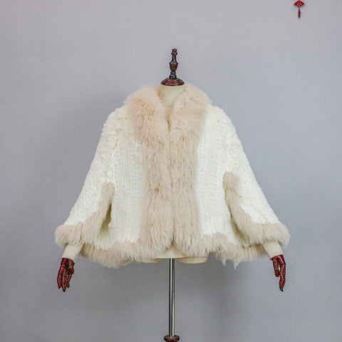 Extra Long Real Genuine Natural Knitted Rabbit Fur Shawl Coat with Fox Fur Collar Women's Knit Jacket Cape