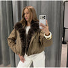 Faux Fur Neck Short Jackets Women Long Sleeve Ruff Thicken Loose Outerwear Female Autumn Winter Chic Daily Coats