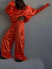 Loose Glossy Satin Solid Sports Jacket Pants Sets Women Stand Zipper Long Sleeve Coats Drawstring Wide Leg Pant Spring Suit