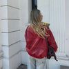 Women Stand Collar Leather Pilot Jacket Red Zipper Cropped Coat Casual Outerwear Streetwear