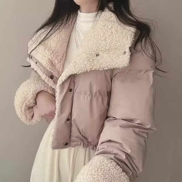 Korean Double-Sided Wear Lamb Fur Patchwork Down Cotton Jacket Women's Autumn Winter Short Big Lapel Student Bread Coat