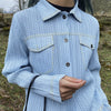 Pleated Denim Printed Shirt Long Sleeve Women Cardigan Single Breasted Casual Jacket Pocket Coat Top