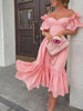Dress Women Off Shoulder Mid Length Dresses Solid Dot Sexy Splice Tight High Waist V Neck A Line Elegant Slim Fit Vestid