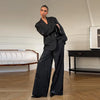 Elegant Stripe Sequin Blazer Jackets Trousers Set Lapel Long Sleeve Coat Wide Leg Long Pants Chic Female Matching Sets