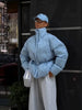 Women High Stand Collar Solid Puffer Jacket Elastic Cinched Waist Peplum Hem Zip Back Thick Padded Coat Warm Winter Street Coats