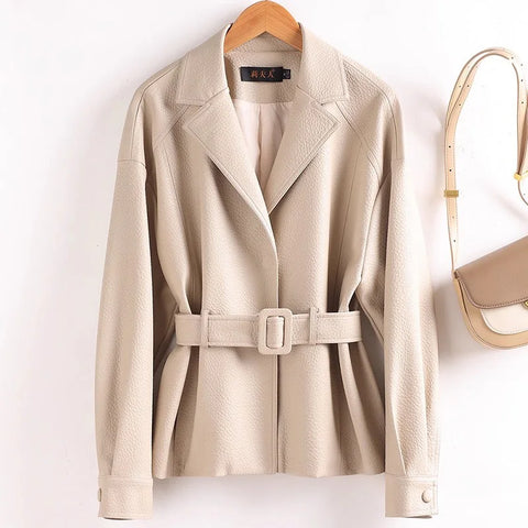 Women Split Leather Blazer With Slim Waist Belt Spring Autumn Notched Collar Loose Leather Jacket Female Coat