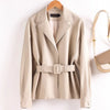 Women Split Leather Blazer With Slim Waist Belt Spring Autumn Notched Collar Loose Leather Jacket Female Coat