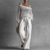 Chic Mesh Knit Sweater Two Piece Set Women Off Shoulder Drawstring Baggy Wide Leg Trousers Suit Casual Streetwear Holiday Outfit