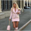 Faux Fur Collar Trim Tweed Set Long Sleeve Side Pockets Chic Women Blazer High Waist Mini Skirt Autumn Elegant Suit