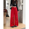 Women Red Ripped Jeans Baggy Vintage Aesthetic Streetwear Cowboy Pants Harajuku Oversize Denim Trousers Y2k 2000s Clothes