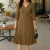Women's Pleated Midi Dress Elegant V-Neck 3/4 Sleeve Button Up A-Line Dresses Office Commuting Wear Woman Clothing S-3XL