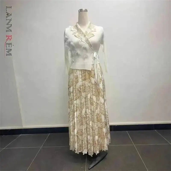 Pleated Women's Gold Foil Printing Dress Feather Rhinestone Blazer Collar Elegant Fake Two Pieces Tie Clothing