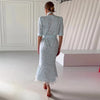 Floral Printed Chiffon Long Dress Women Chic Deep V-neck Lace Patchwork Mini Sleeves Slim Fit Dresses Lady Daily Wear