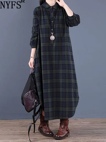 Spring Autumn Woman Dress Vintage Loose Cotton Long Dress Vestidos Robe D Ete Femme Literary Plaid Shirt Dress