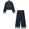 Women Denim Set Casual Lapel Long Sleeve Crop Jacket Buttons Female Vintage Wide Leg Loose Jeans Long Pants