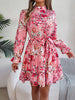 Elegant Mock Neck Belted Ruffle Hem Floral Print Dress For Spring & Fall, Women's Clothing