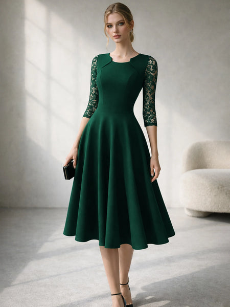 Women's Vintage Floral Lace Wedding Party Dress Square Neck A-Line Skirt High Waist Solid Medium Sleeve Slim Flared Skirt