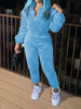 Winter Plush Two Piece Set Casual Home Warm Suit For Women Zipper Lapel Pullover Top Elastic Waist Trousers Suit