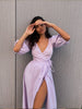 100% Cotton V-neck Waist Cinched Dress Unique Lantern Sleeve Sexy Slit Long Skirt Women's Casual Dresses